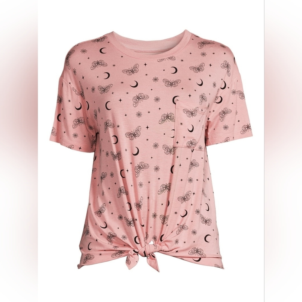 No Boundaries Juniors Conversational Printed Tee - Pink & Black - Size M (7-9)
